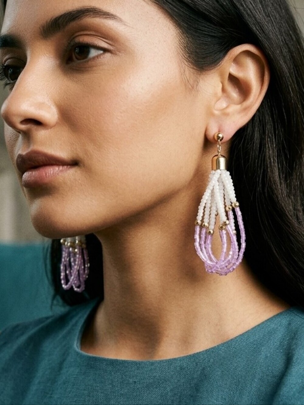 Handmade Lavender White Beaded Cascade Tassel Earrings Post 2.5”